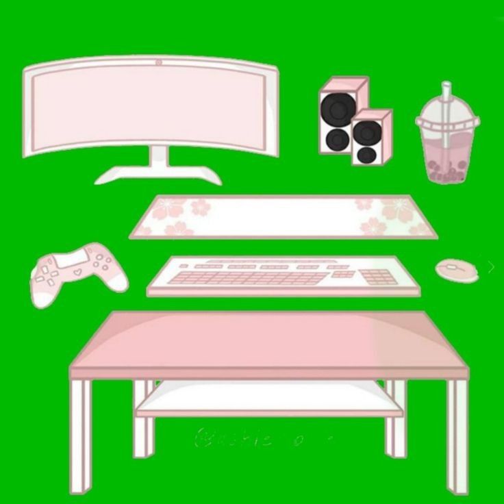 a computer desk with a keyboard, mouse and other items on it in front of a green background