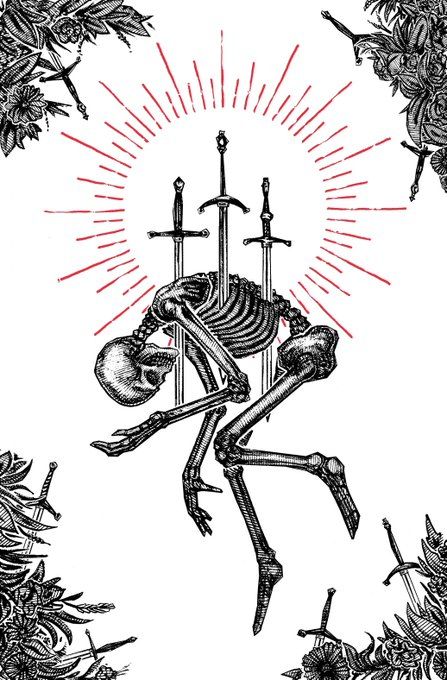 the skeleton is holding two swords in his hands and standing on it's hind legs