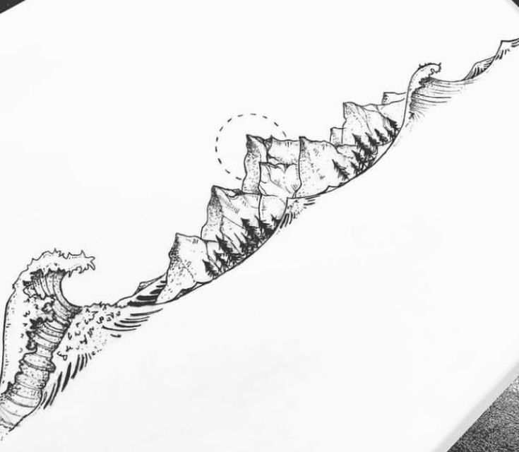 an ink drawing of a wave coming out of the ocean with mountains in the background