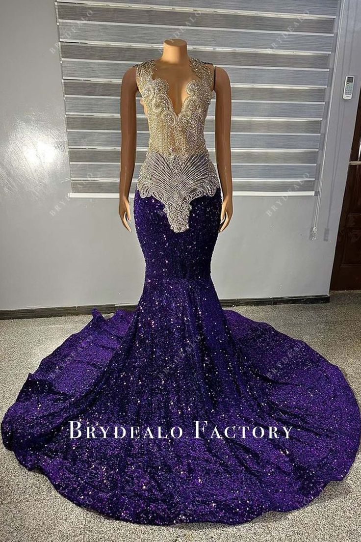 Rhinestones Dark Purple Sequin Mermaid Long Train Prom Dress. Sheer plunging neck front top decorated with sparkly silver beadwork, fit and flare skirt with horsehair chapel train. Dark Purple And Black Prom Dress, Dark Purple Grad Dresses, Purple Prom Dresses Black Women, The Best Prom Dresses, Violet Prom Dresses, Dark Purple Prom Dresses, Dark Purple Prom Dress, High School Prom Dress, Md Dresses