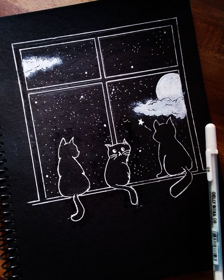 a drawing of two cats sitting on a window sill looking out at the stars