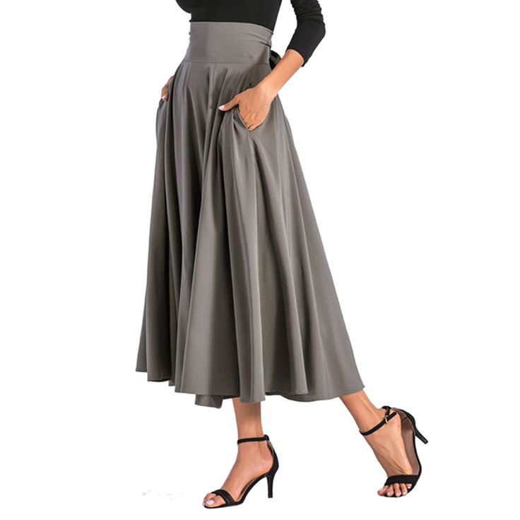 Dark Gray High Waisted Swing A-line Maxi Skirt Long Skirt Casual, Long Skirt Fashion, Retro Skirt, Umbrella Skirt, High Waisted Pleated Skirt, Skirt Casual, Womens Maxi Skirts, Long Skirts For Women, Half Skirt