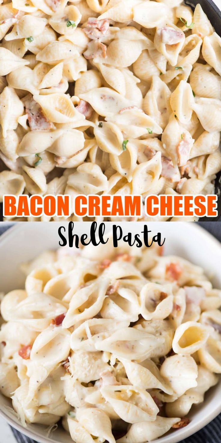 bacon cream cheese shell pasta in a skillet with text overlay that reads, bacon cream cheese shell pasta