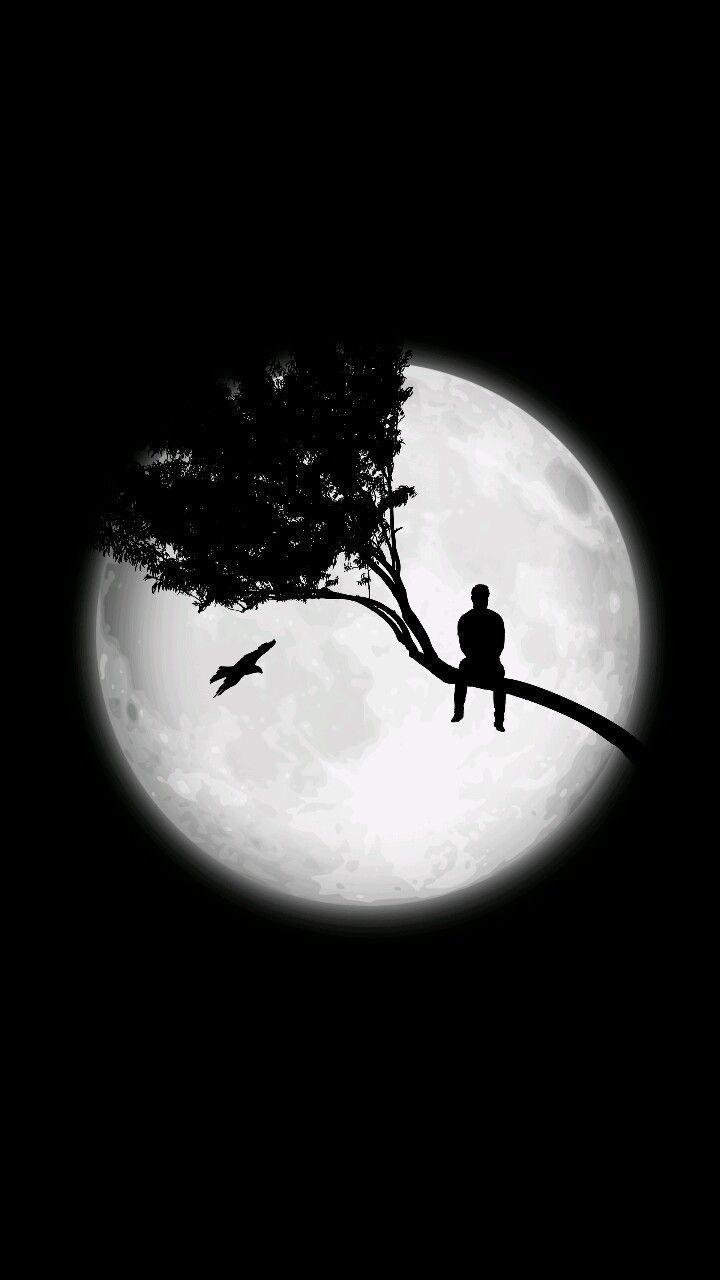 a man sitting on top of a tree branch in front of a moon filled sky