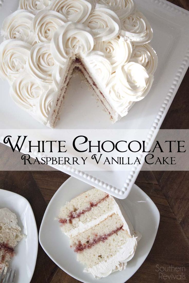 a white chocolate raspberry vanilla cake on a plate with a slice cut out