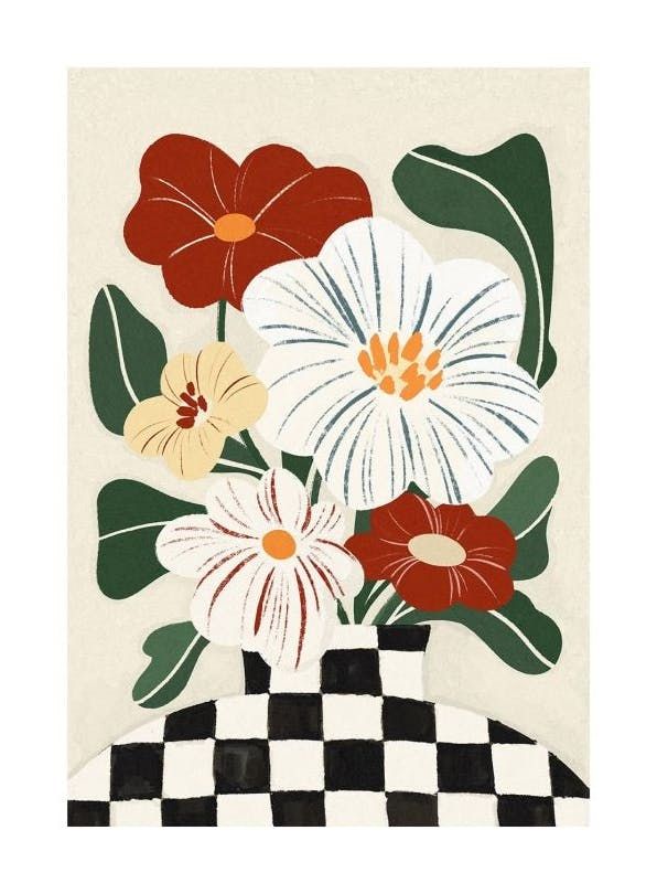 a painting with flowers in it on a checkerboard surface