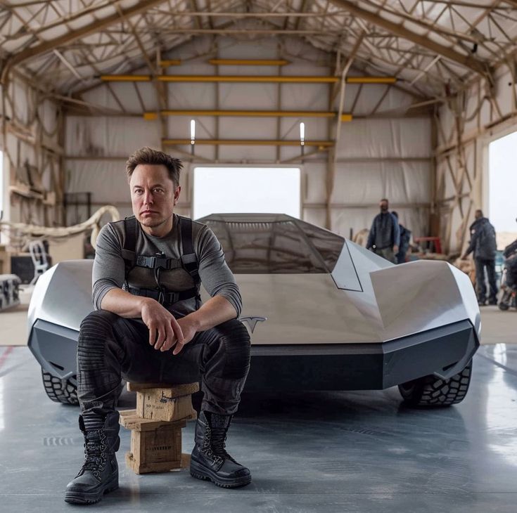 a man sitting on top of a wooden block in front of a futuristic looking vehicle