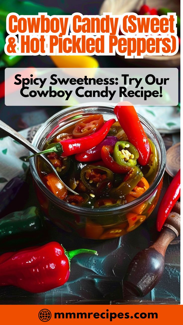 a jar filled with hot pickled peppers on top of a table next to spoons