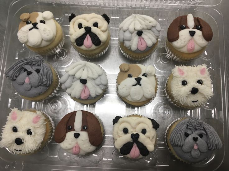 twelve cupcakes with dogs on them sitting in a plastic container