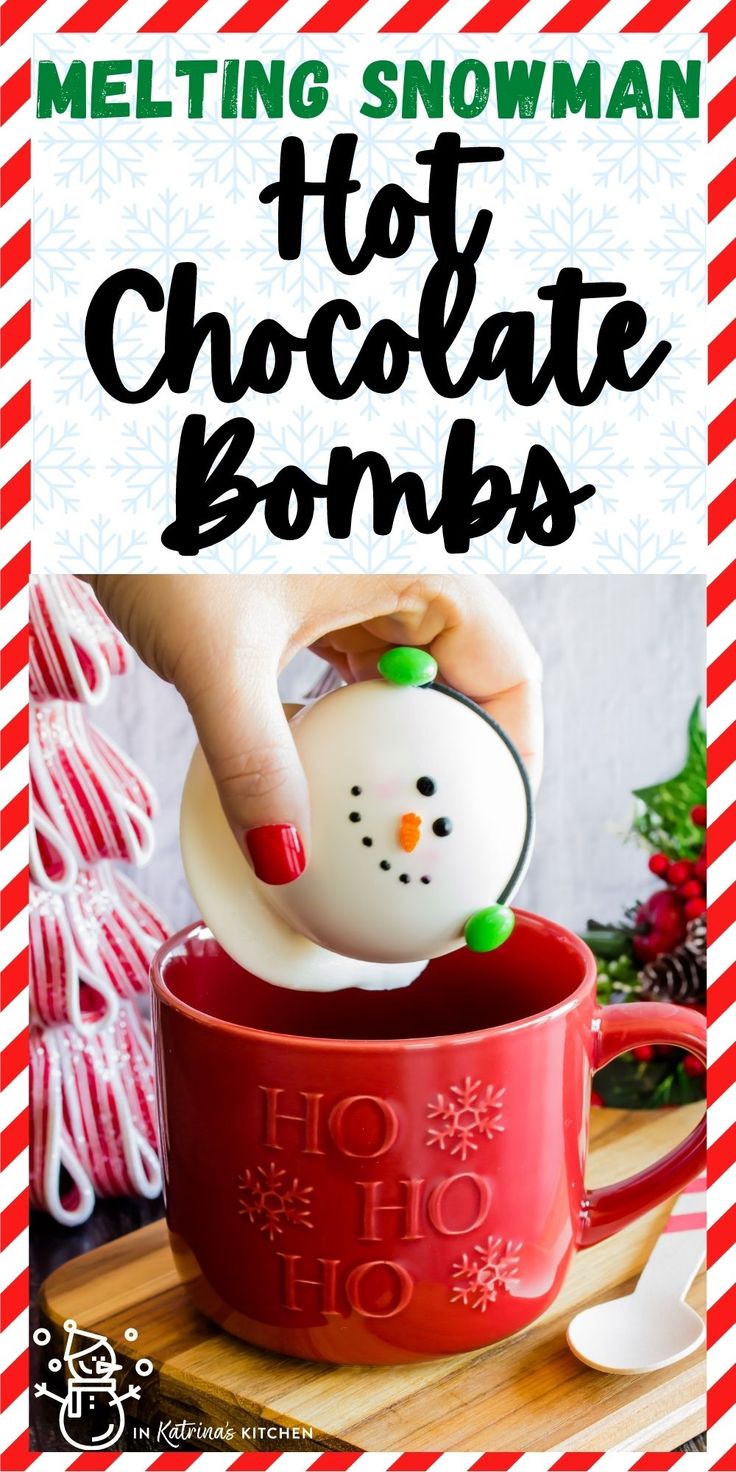 melting snowman hot chocolate bonbs in a red mug