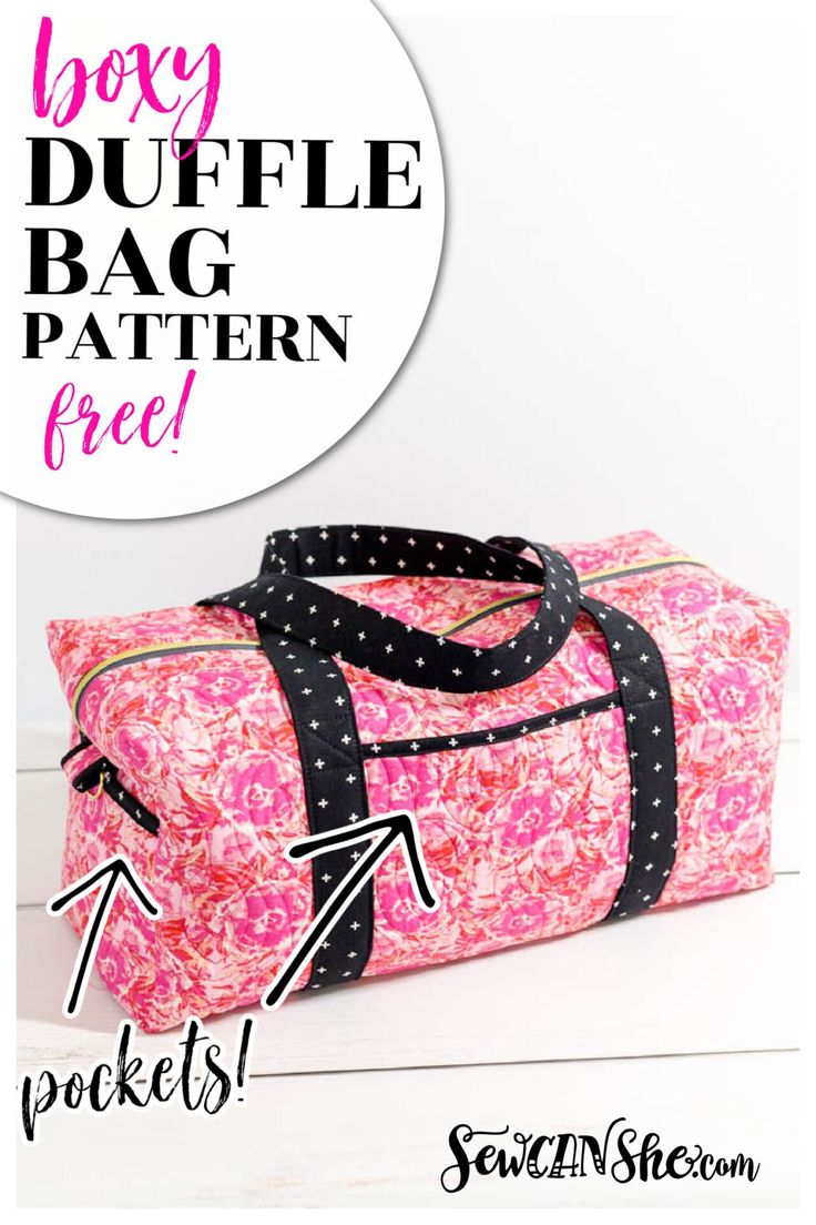 a pink duffel bag with black polka dots on it and the text boxy duffle bag pattern free