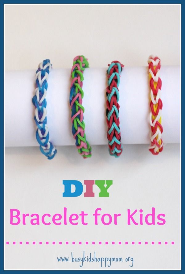 four different colored bracelets with the words diy bracelet for kids on it and below them