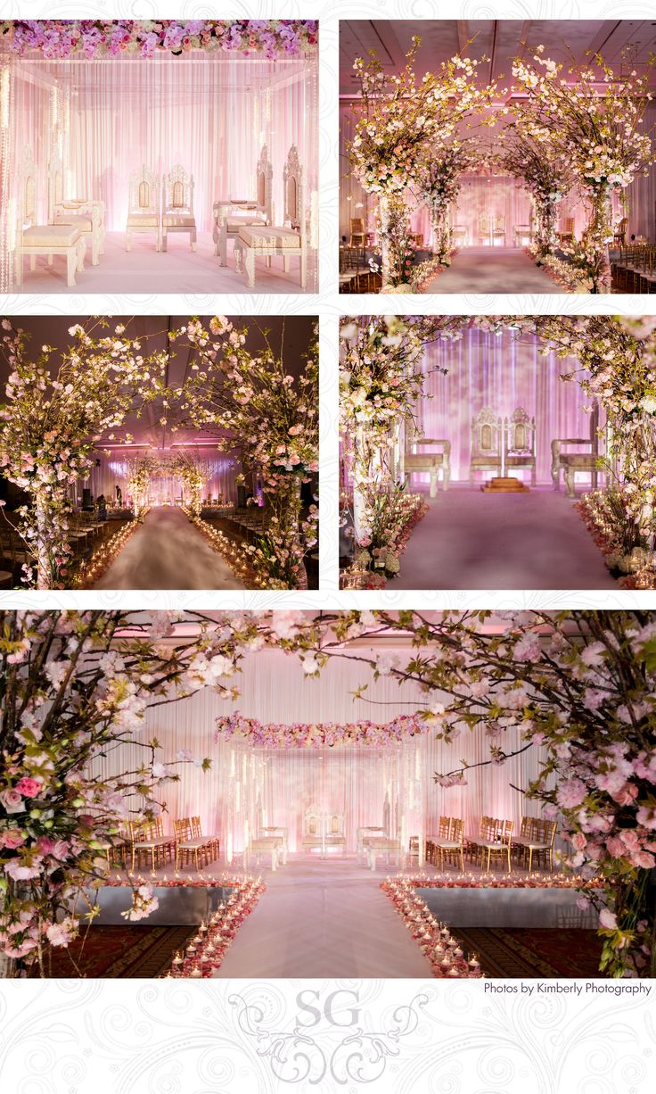 the wedding stage is decorated with pink flowers and white drapes for an elegant touch