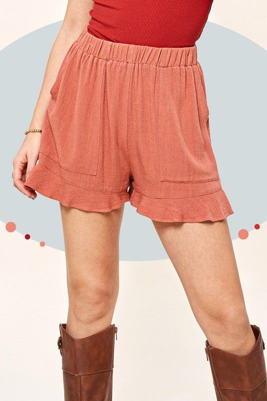 Comfy shorts with flared hem with pockets. R-1, 2, 3 Spring Bottoms With Ruffle Hem, Casual Ruffled Flare Bottoms, Trendy Flare Bottoms For Day Out, Casual Flare Bottoms With Ruffles, Casual Wide Leg Bottoms With Ruffle Hem, Summer Bottoms With Ruffle Hem For Vacation, Summer Vacation Bottoms With Ruffle Hem, Summer Wide Leg Bottoms With Ruffle Hem, Cotton Shorts With Ruffle Hem