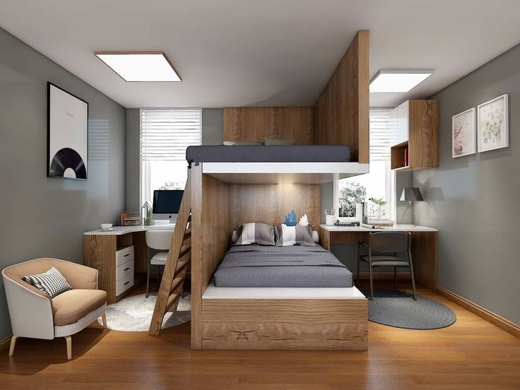 a loft bed with stairs is in the middle of a room that has hardwood floors and gray walls