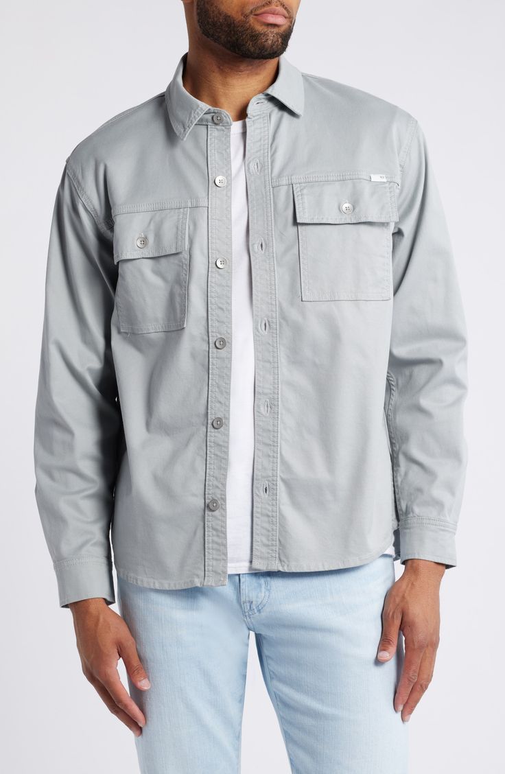 A rugged layer for cool temps, this shirt-jacket offers timeless style with durable twill, button-flap pockets and a relaxed fit. Front button closure Spread collar Long sleeves with button cuffs Chest button-flap patch pockets 97% cotton, 3% polyester Machine wash, tumble dry Imported Casual Unstructured Outerwear For Outdoor, Casual Long Sleeve Utility Jacket With Flap Pockets, Casual Shacket With Flap Pockets For Streetwear, Cotton Shacket With Pockets For Outdoor, Rugged Outerwear With Pockets And Relaxed Fit, Classic Shirt With Snap Buttons For Outdoor, Casual Shacket With Buttoned Pockets And Spread Collar, Spring Utility Shacket For Outdoor, Outdoor Cotton Shacket With Patch Pockets