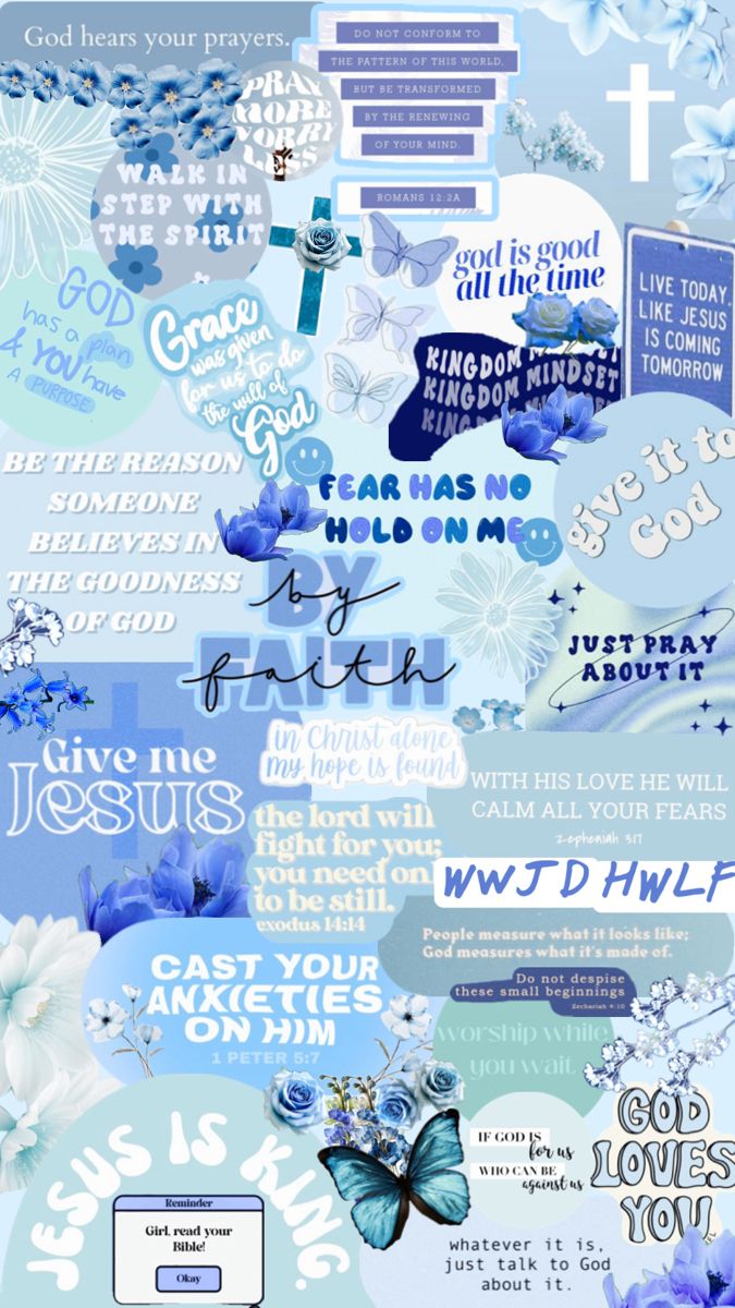 a collage of blue and white flowers with words on them, all over the page