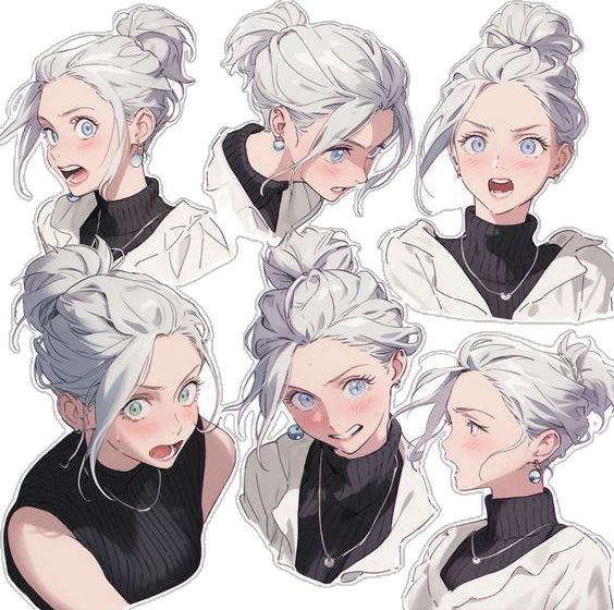 an anime character with various facial expressions and hair