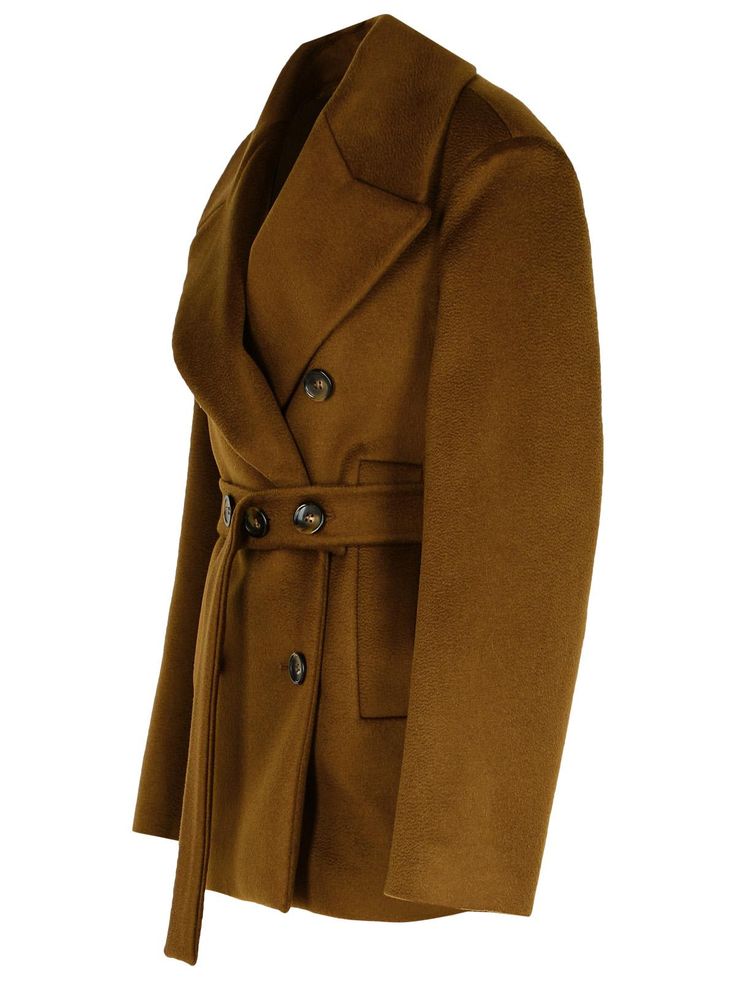 'V' neckline, double-breasted button closure, two side pockets, padded shouldersComposition: 100% virgin wool Luxury Brown Wool Coat With Double Button Closure, Luxury Brown Wool Coat With Button Closure, Luxury Brown Pea Coat With Button Closure, Designer Wool Pea Coat With Double-breasted Buttons, Brown Double-breasted Wool Coat With Double Button, Luxury Wool Coat With Double Button Closure For Fall, Luxury Wool Coat With Double Button For Fall, Brown Double-breasted Wool Coat, Luxury Wool Coat With Notch Lapel And Double-breasted Buttons