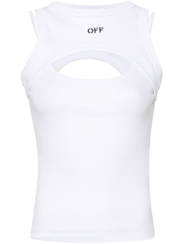 white cotton blend stretch-design fine ribbed embroidered logo to the front layered design cut-out detailing crew neck spaghetti straps sleeveless straight hem Layering Tank Tops, Wedding Guest Looks, City Dress, Layering Tanks, Layered Design, Demi Fine Jewelry, Ribbed Top, Ballet Flat Shoes, White Crop Top