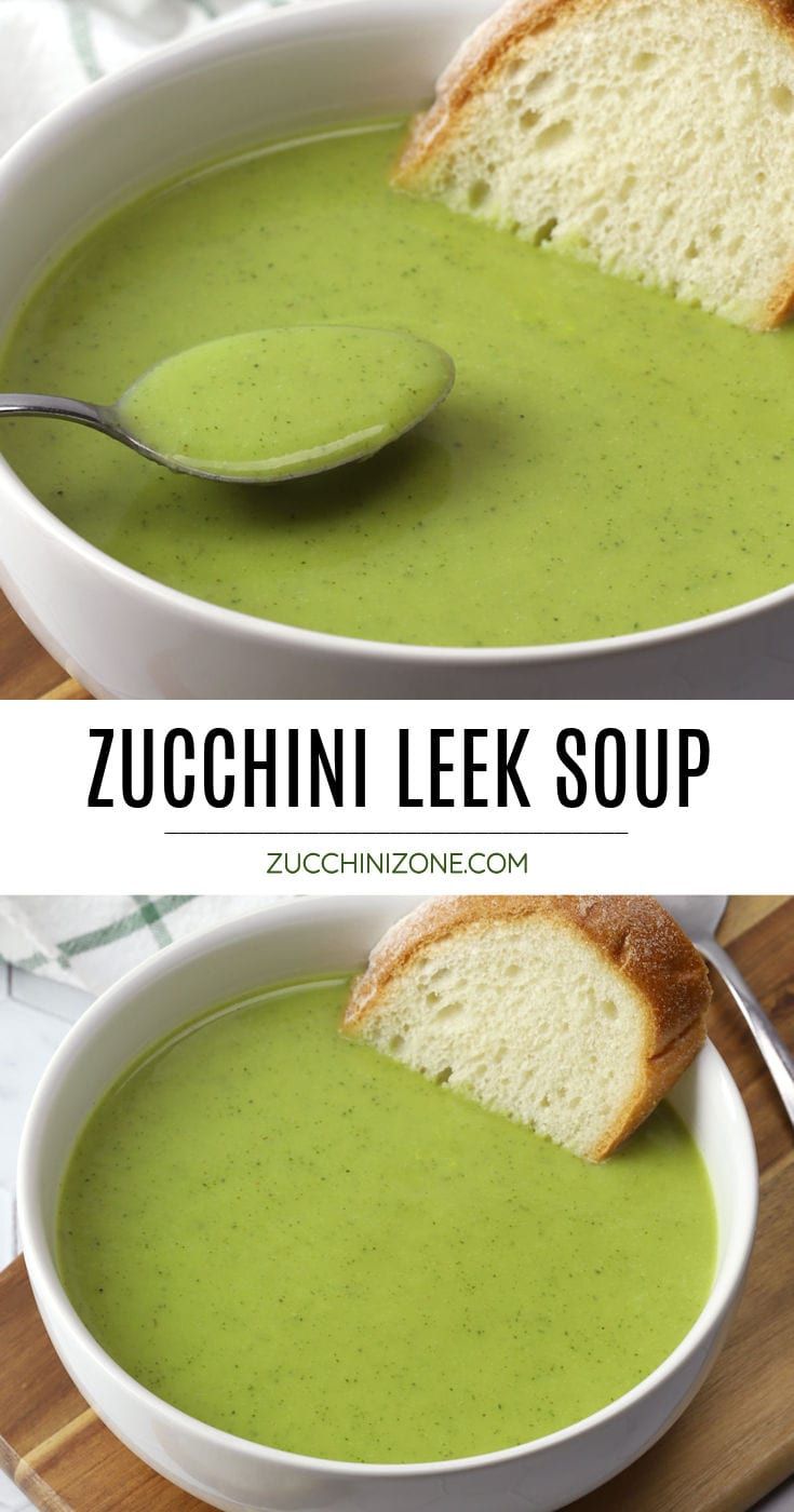 two pictures of soup with bread in it and the same photo showing how to make zucchini leek soup