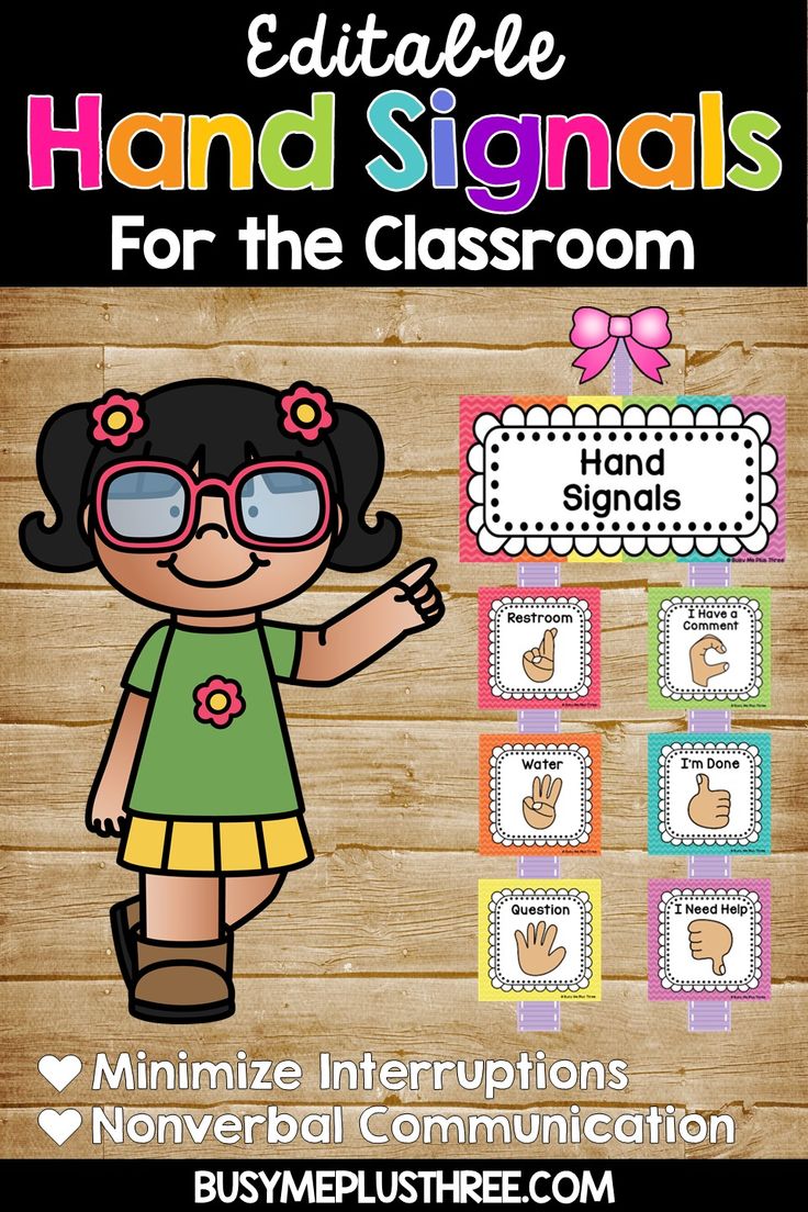 an editable hand signals for the classroom with pictures and words on it, in front of