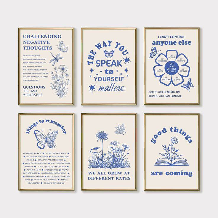 six blue and white posters with different sayings