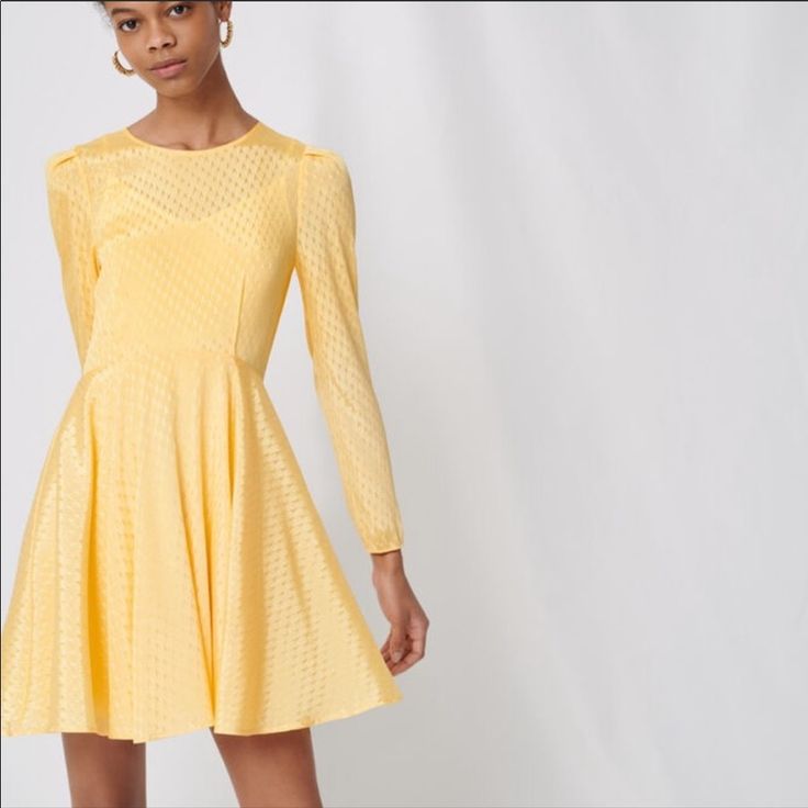 Very Cute Yellow Long Sleeve Dress. Brand New With Tags. Size 36 (Small). Material: 100% Polyester; Lining: 100% Viscose. Chic A-line Jacquard Mini Dress, Elegant Spring Jacquard Mini Dress, Fitted Jacquard Mini Dress, Chic A-line Jacquard Dress, Chic Long Sleeve Jacquard Dress, Spring Jacquard Mini Dress For Cocktail, Spring Cocktail Mini Dress In Jacquard, Jacquard Mini Dress For Evening In Spring, Spring Evening Jacquard Mini Dress