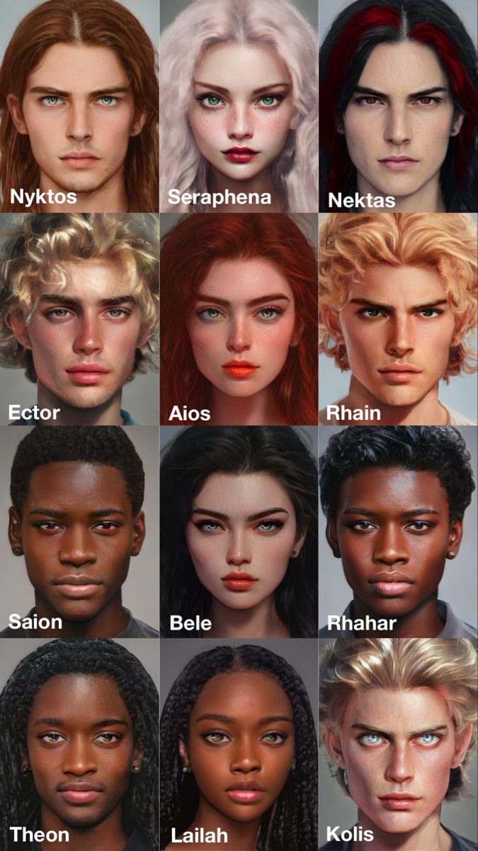 many different types of people's faces and their hair colors, with the names on them