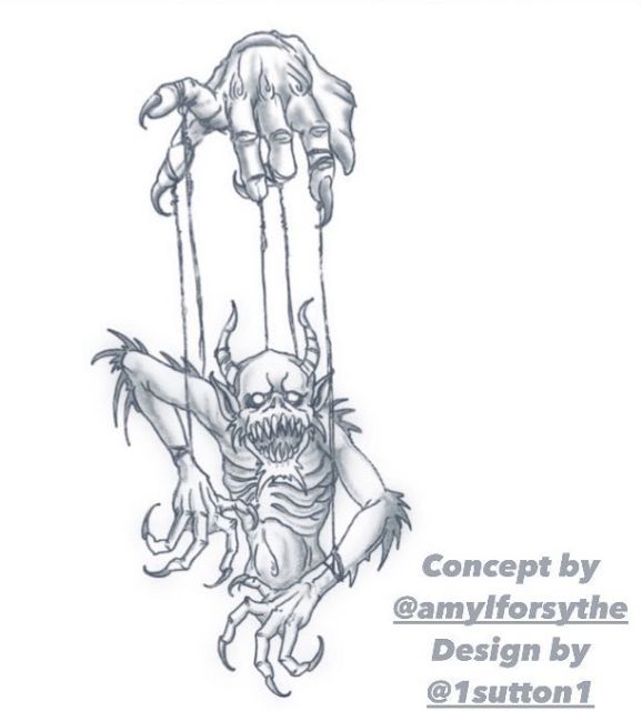 a drawing of a creepy creature hanging on strings with hands and feet in the air