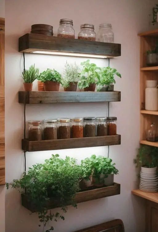 the shelves are filled with plants and jars