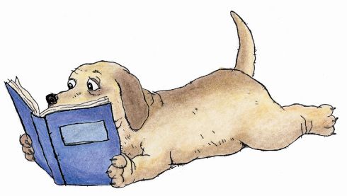 a drawing of a dog reading a book