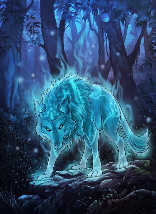 a blue wolf standing in the middle of a forest