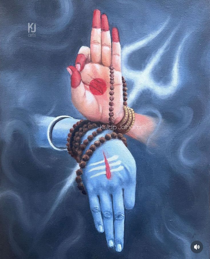 a painting of a person's hand with beads on it