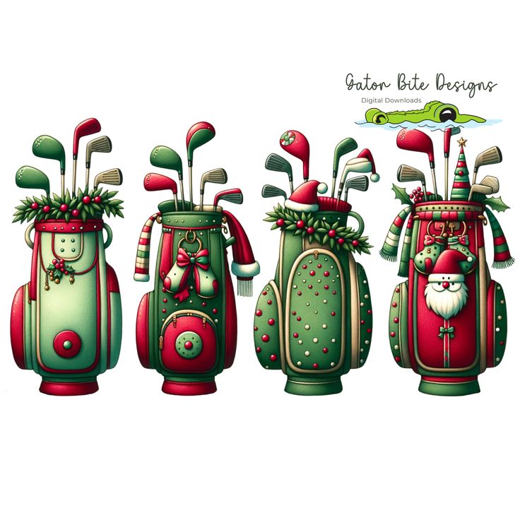 three different types of golf bags with santa clause on them