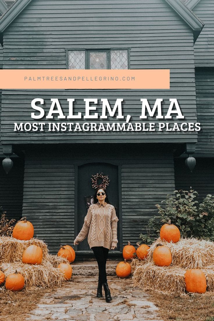 a woman standing in front of a house with pumpkins around her and the words salem, ma most instagrammable places