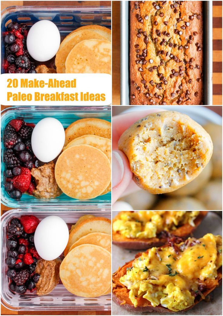 four pictures showing different types of breakfast foods in plastic containers with eggs, bread and berries