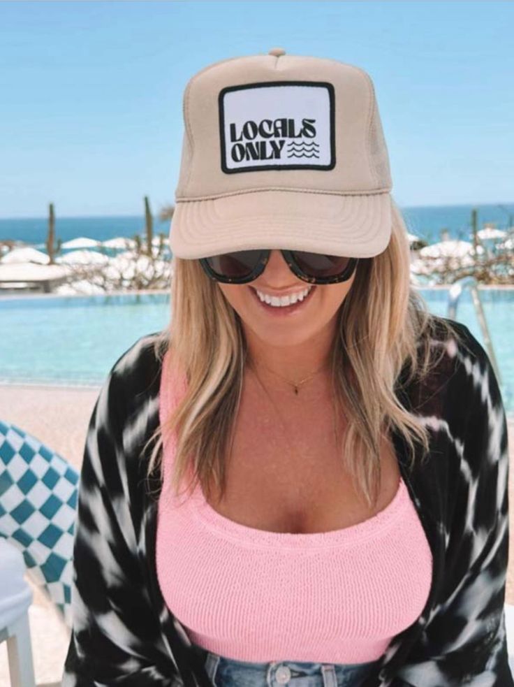 Locals Only Trucker Hat Colors: tan, hot pink, royal blue or black Beach days are the best days! This his or hers trucker is the best part of summer. Cute and perfect for your next day in the sun. So light, medium profile and a perfect addition to your growing hat collection. This patch is sewn on for extra durability. 5 Panel Foam Mesh Back Trucker, High Rise, Pro Style, Adult Sizing 100% Poly Foam Front, 100% Nylon Back Locals Only, Black Beach, Hat Collection, Accessories Bags Purses, Beauty Collection, Christmas Jewelry, Beach Days, Crop Tshirt, Beach Jewelry