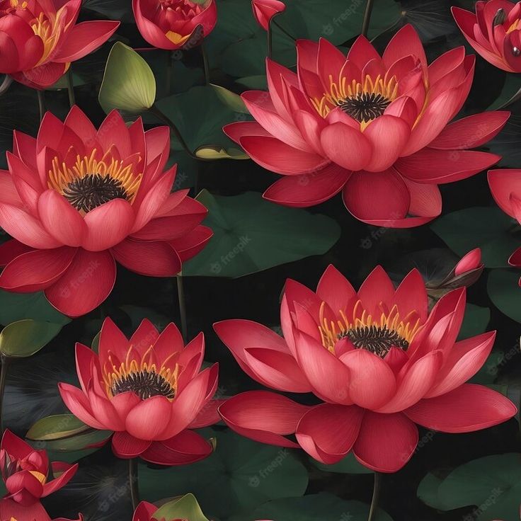 red water lilies with green leaves in the background