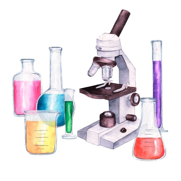 a watercolor drawing of laboratory equipment including a microscope and flasks