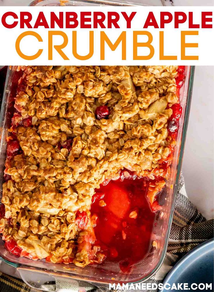 an image of cranberry apple crumble in a glass dish with text overlay