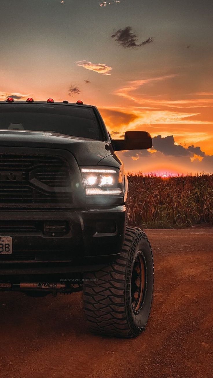 a black truck parked on top of a dirt road next to a cornfield at sunset