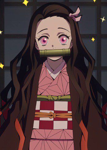 an anime character with long brown hair and pink eyes is looking at the camera while she has