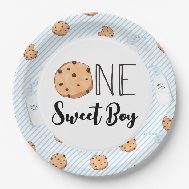 a paper plate with cookies on it that says one sweet boy in black lettering and blue stripes