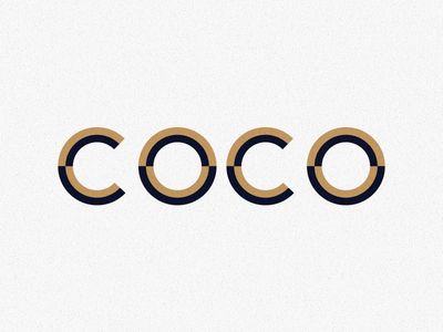 the word coco written in black and gold on a white background