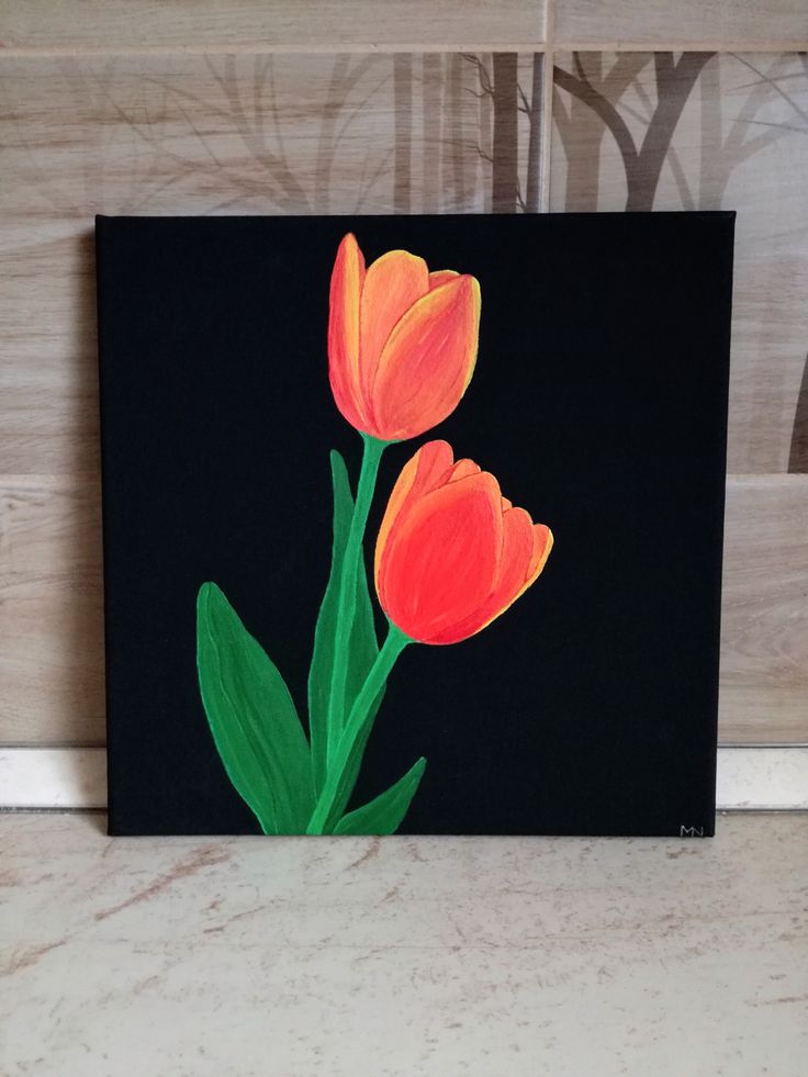 two orange tulips on a black background painted with acrylic paint by hand