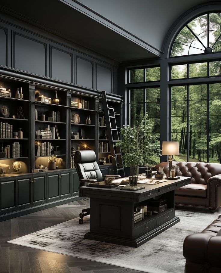 an office with large windows, leather couches and bookshelves in the room