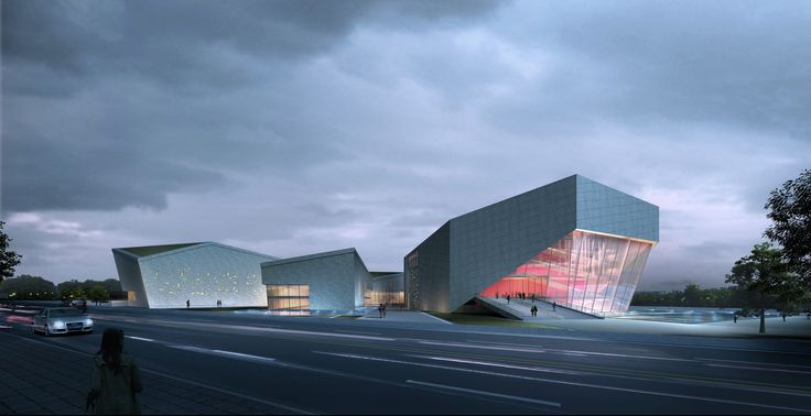 an architectural rendering of a building on the side of a road with cars passing by