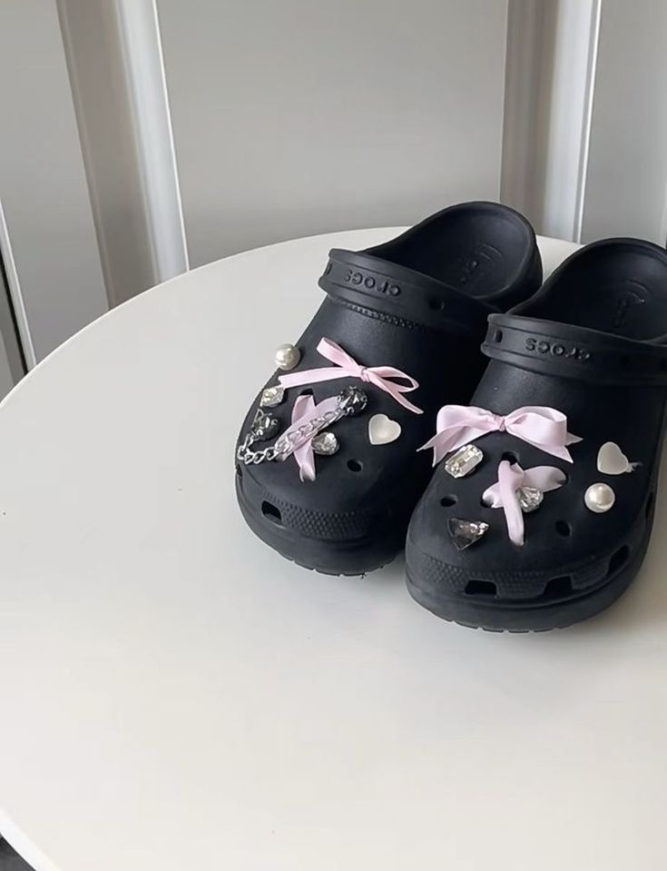 Crocs With Ribbon, Croc Aesthetic, Clogs Crocs, Platform Crocs, Black Crocs, Crocs Fashion, Girly Shoes, Shoe Inspo, Aesthetic Shoes