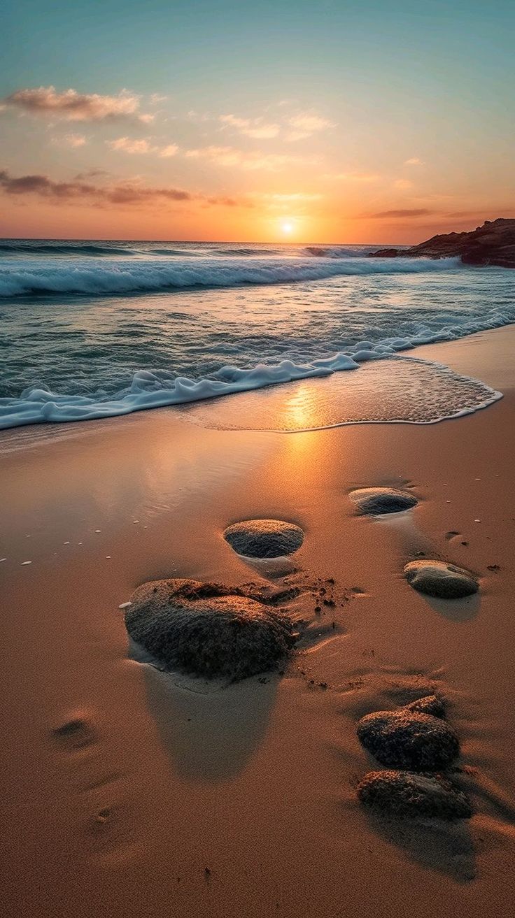 footprints in the sand at sunset on a beach